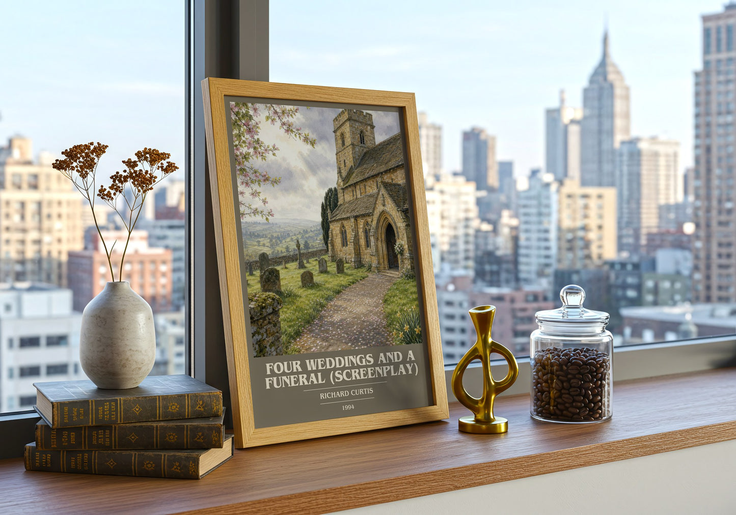 Four Weddings And A Funeral (Screenplay) book cover print framed by window – literary home decor