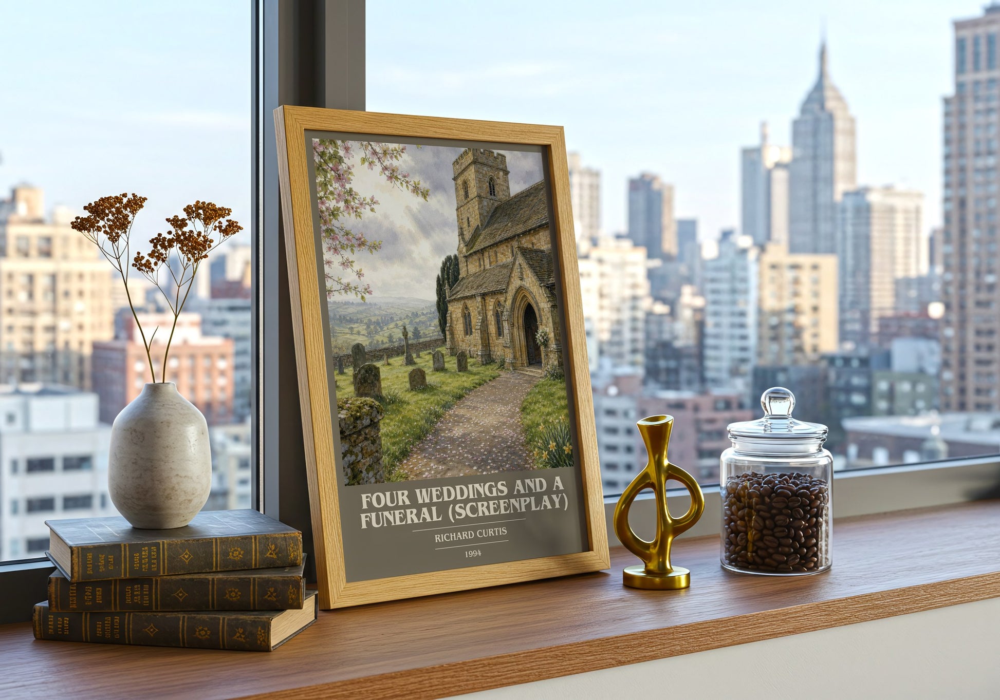 Four Weddings And A Funeral (Screenplay) book cover print framed by window – literary home decor