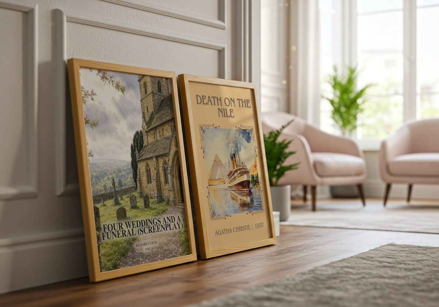 Four Weddings And A Funeral (Screenplay) watercolour print framed by window – literary home decor