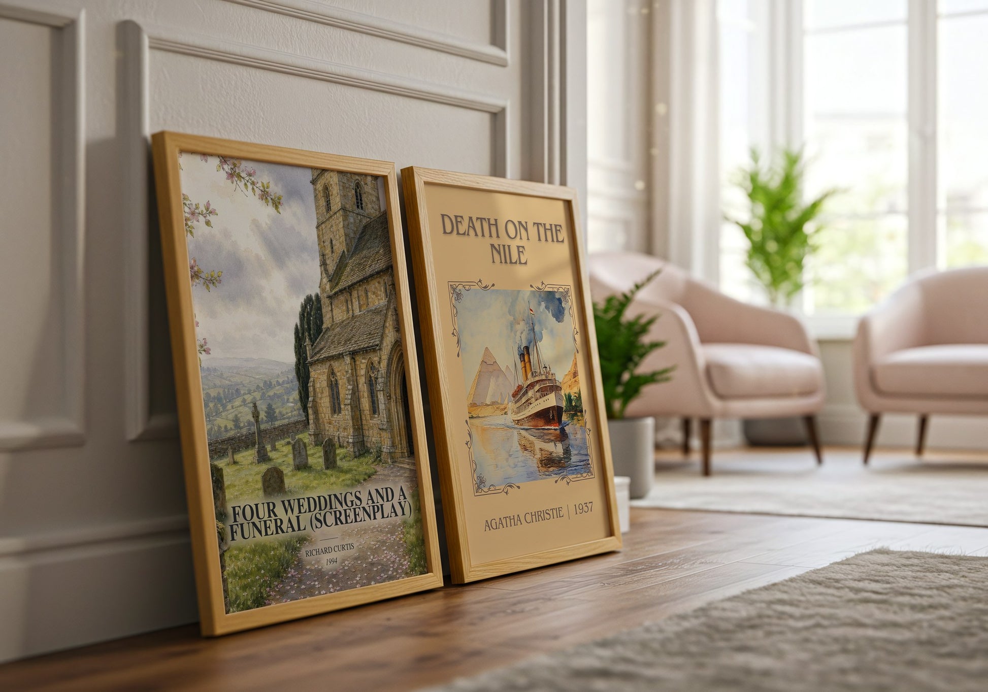 Four Weddings And A Funeral (Screenplay) watercolour print framed by window – literary home decor
