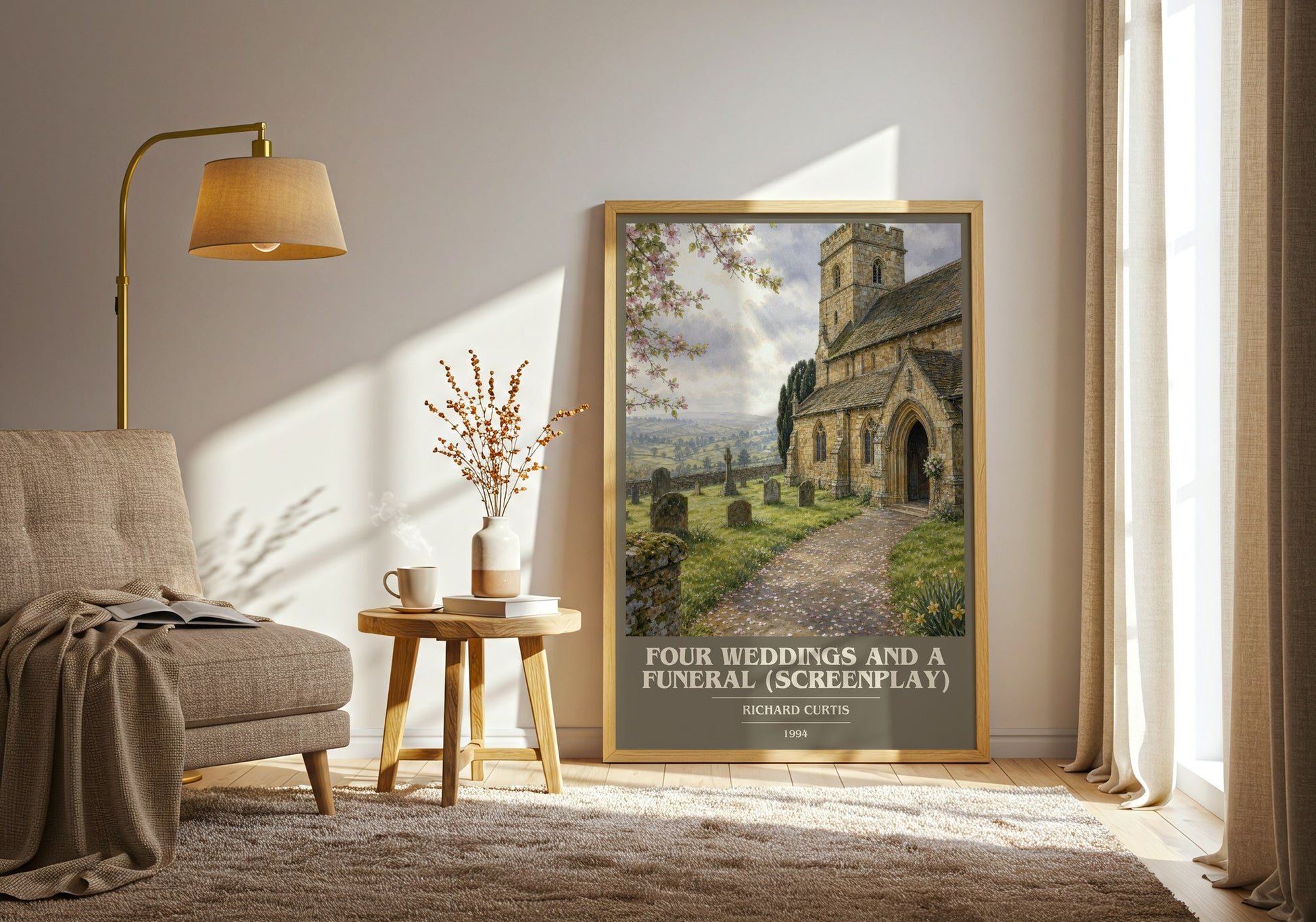 Four Weddings And A Funeral (Screenplay) book cover print on bookshelf – Richard Curtis fan gift
