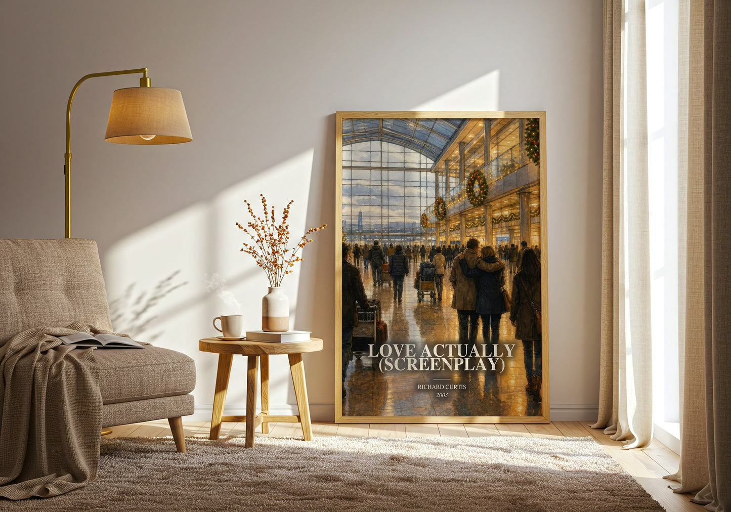 Love Actually (Screenplay) watercolour print in frame leaning in hallway – contemporary fiction wall art