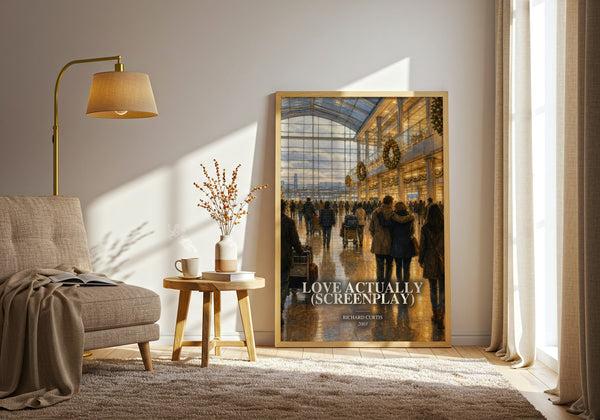 Love Actually (Screenplay) watercolour print in frame leaning in hallway – contemporary fiction wall art