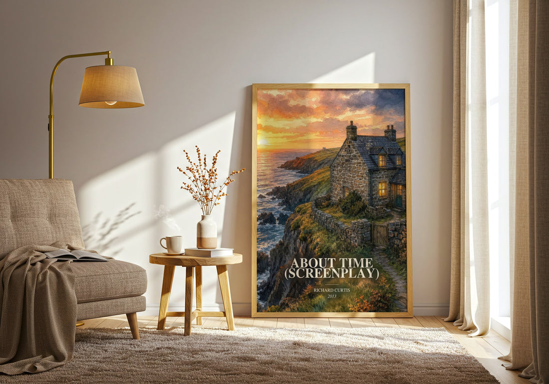 About Time (Screenplay) watercolour print in frame leaning in hallway – romance wall art (mockup)