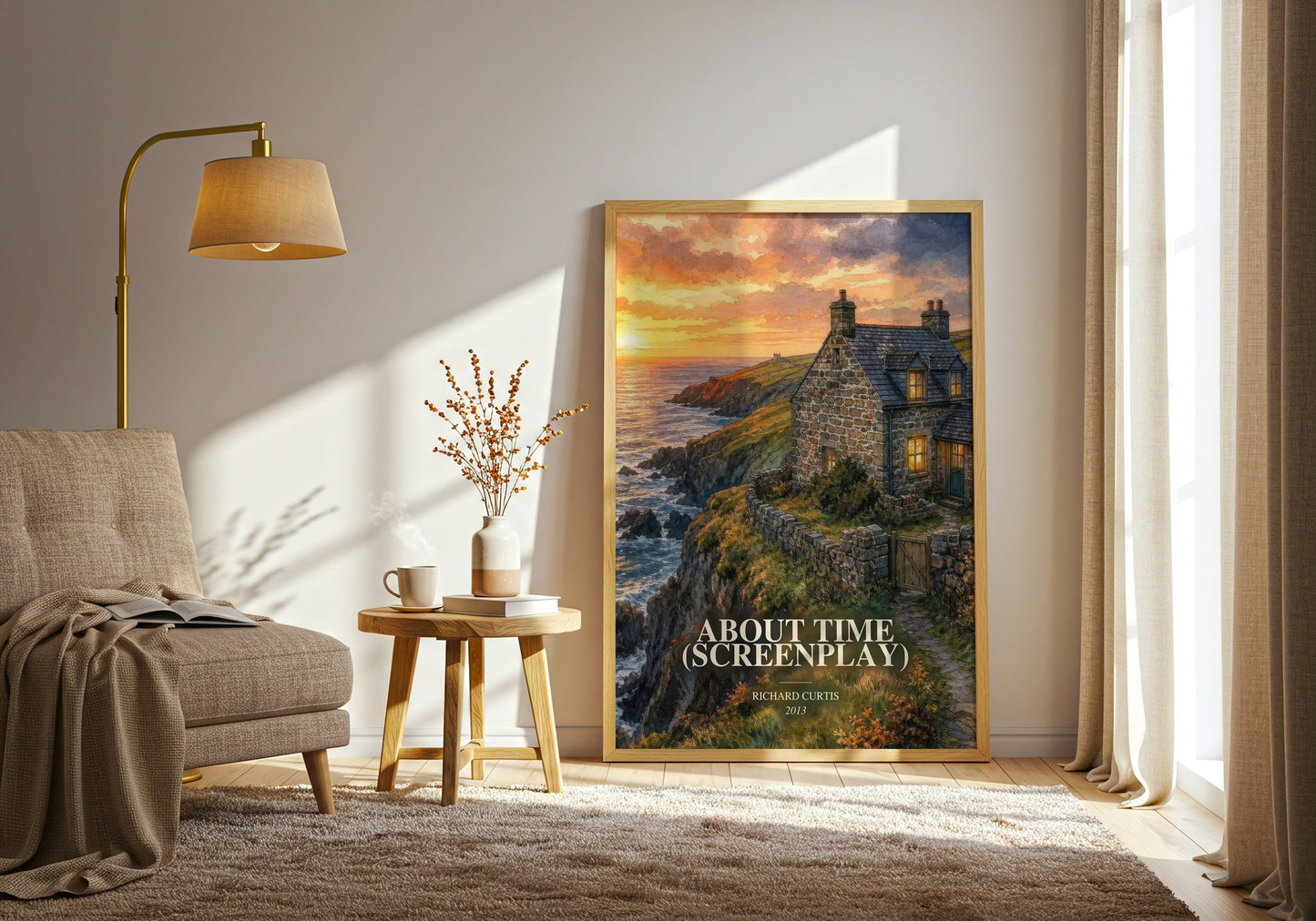 About Time (Screenplay) watercolour print in frame leaning in hallway – romance wall art