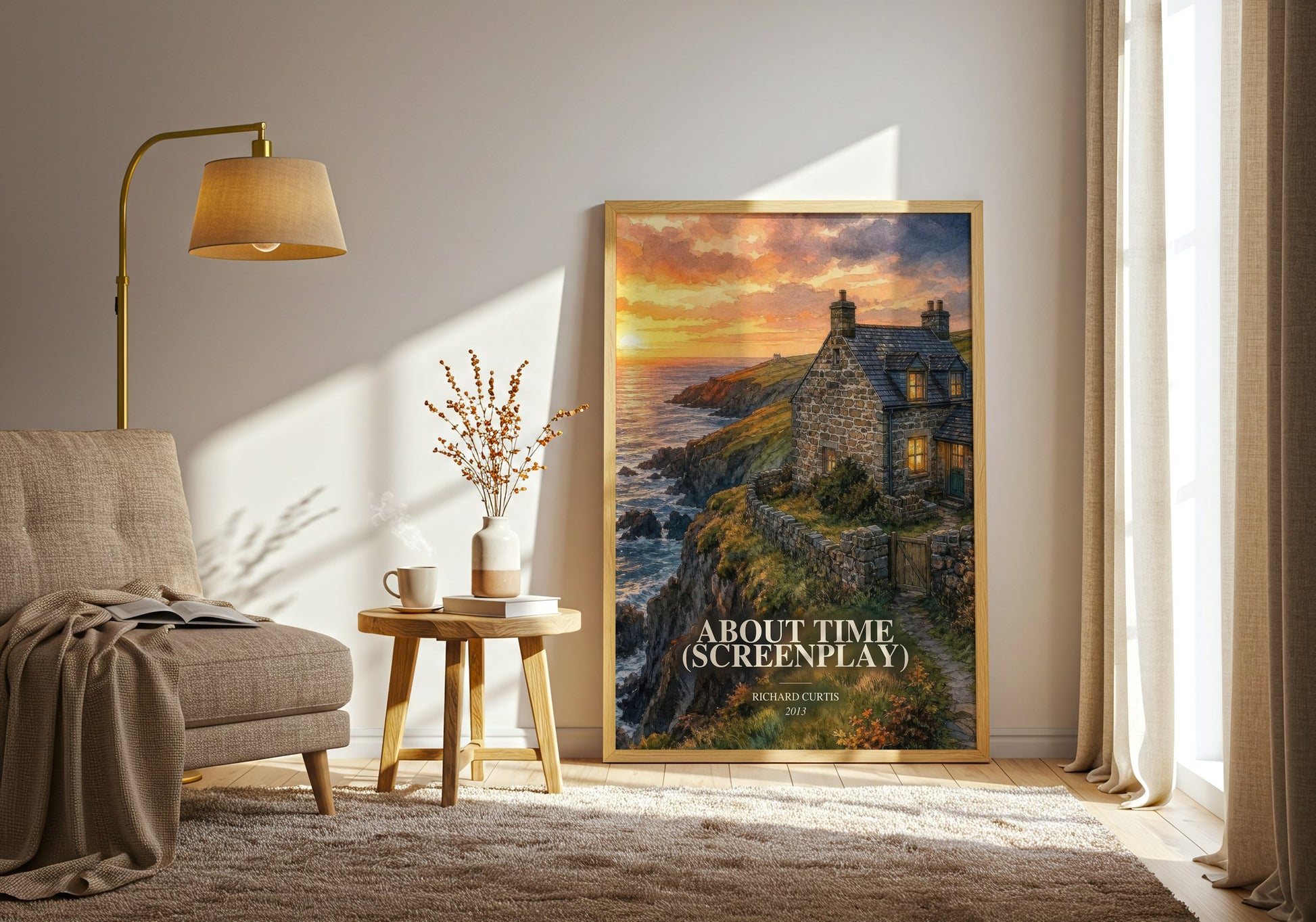 About Time (Screenplay) watercolour print in frame leaning in hallway – romance wall art