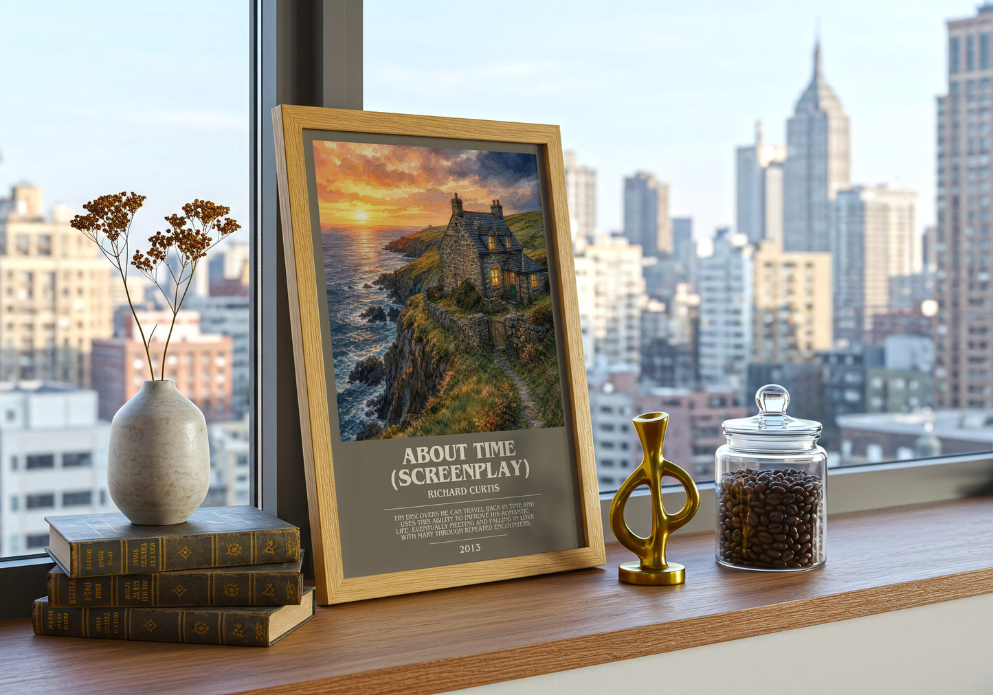 About Time (Screenplay) bookish print framed by window – literary home decor