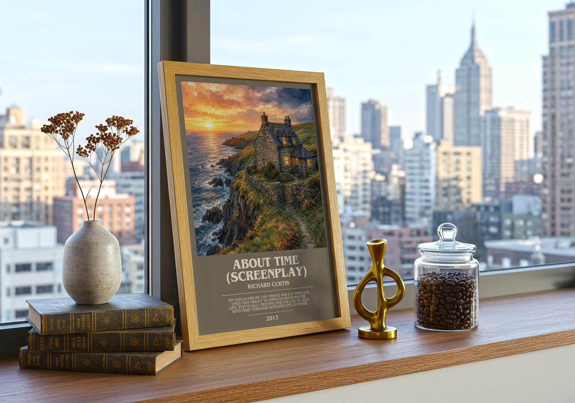 About Time (Screenplay) bookish print framed by window – literary home decor