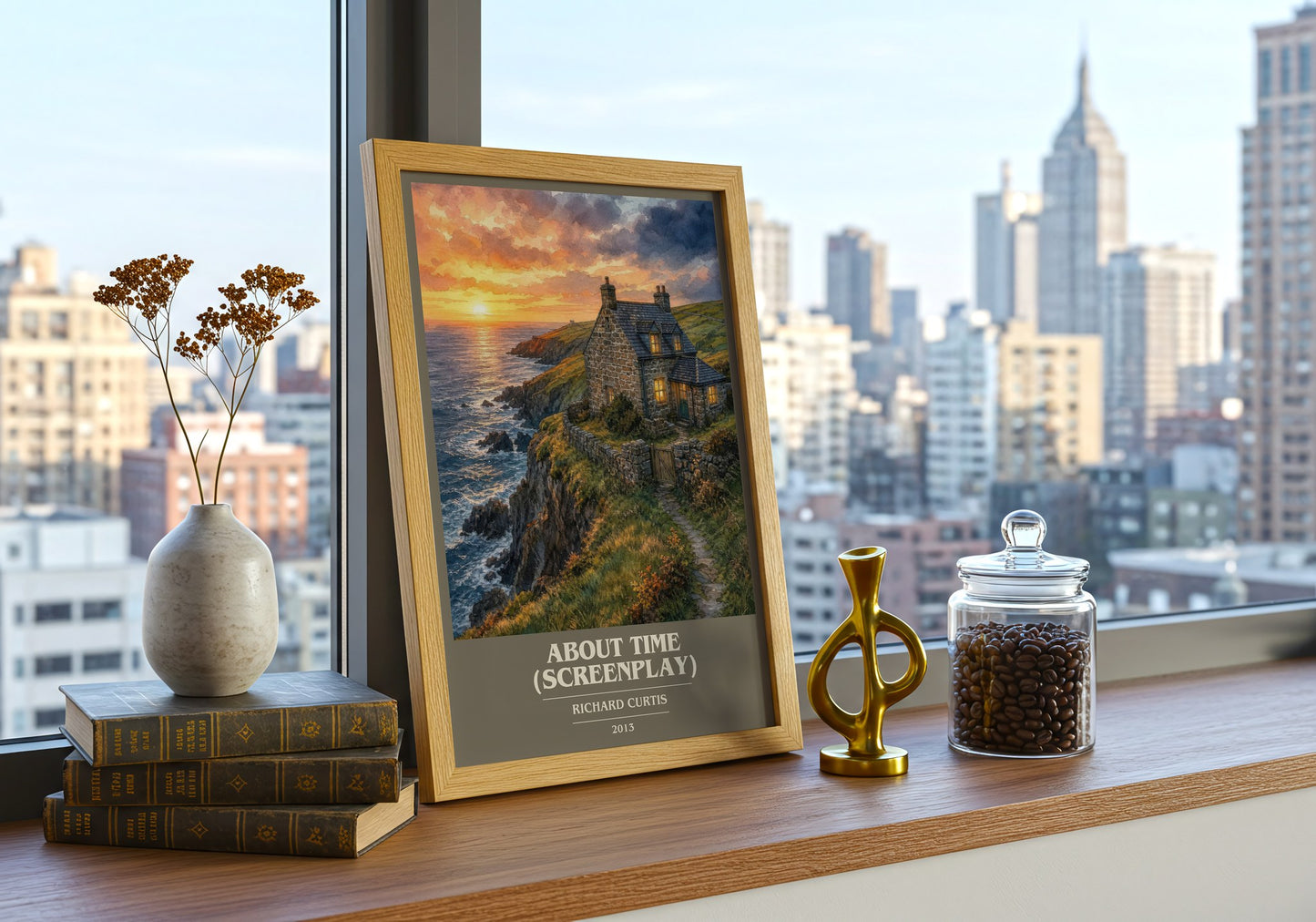 About Time (Screenplay) book cover print framed by window – literary home decor