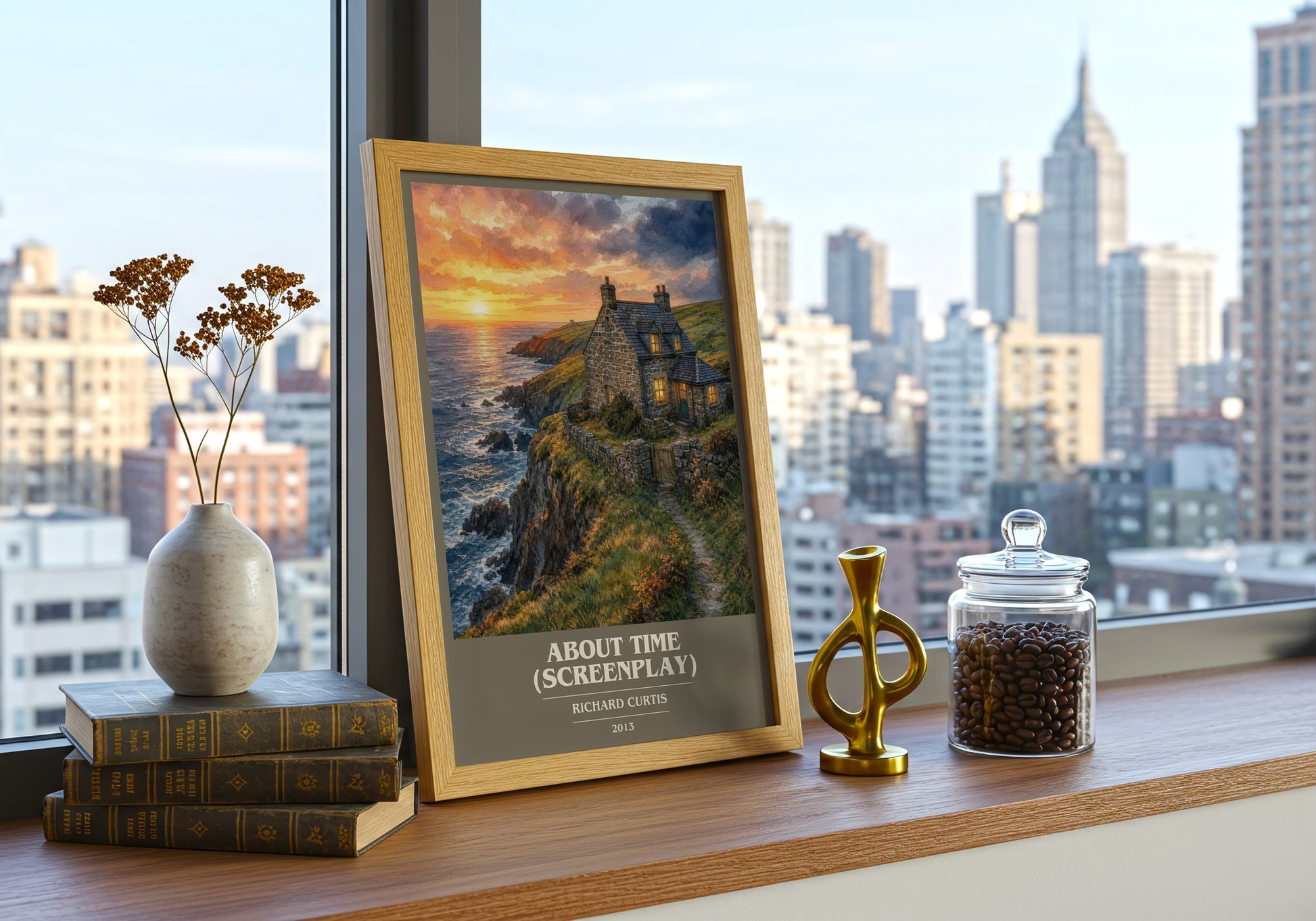 About Time (Screenplay) book cover print framed by window – literary home decor