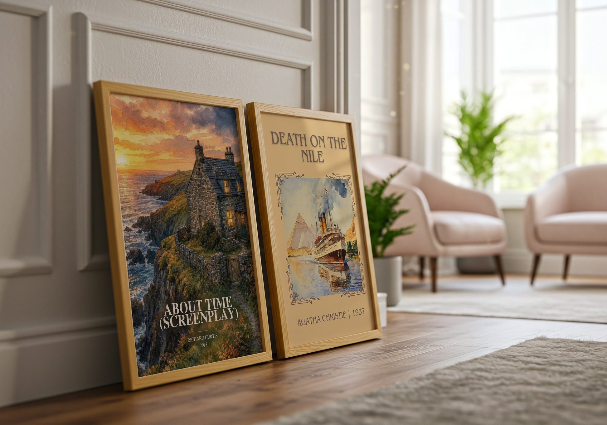 About Time (Screenplay) watercolour print framed by window – literary home decor