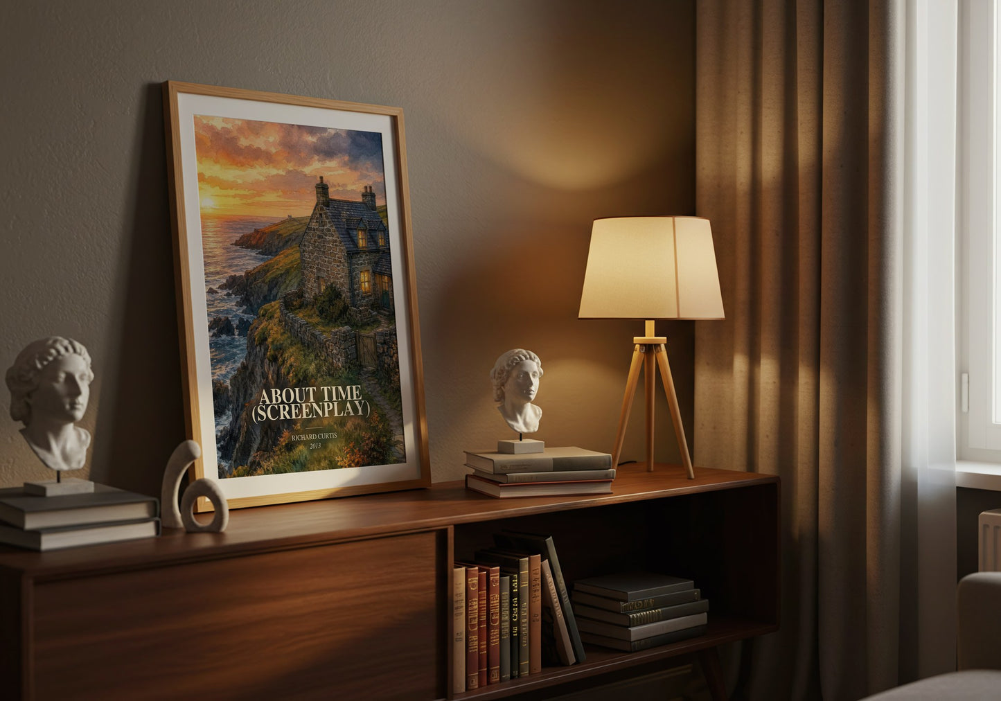 About Time (Screenplay) watercolour print on bookshelf – Richard Curtis fan gift