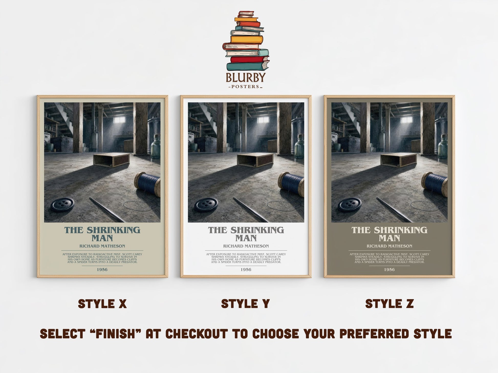 The Shrinking Man bookish print in frame leaning in hallway – sci fi wall art