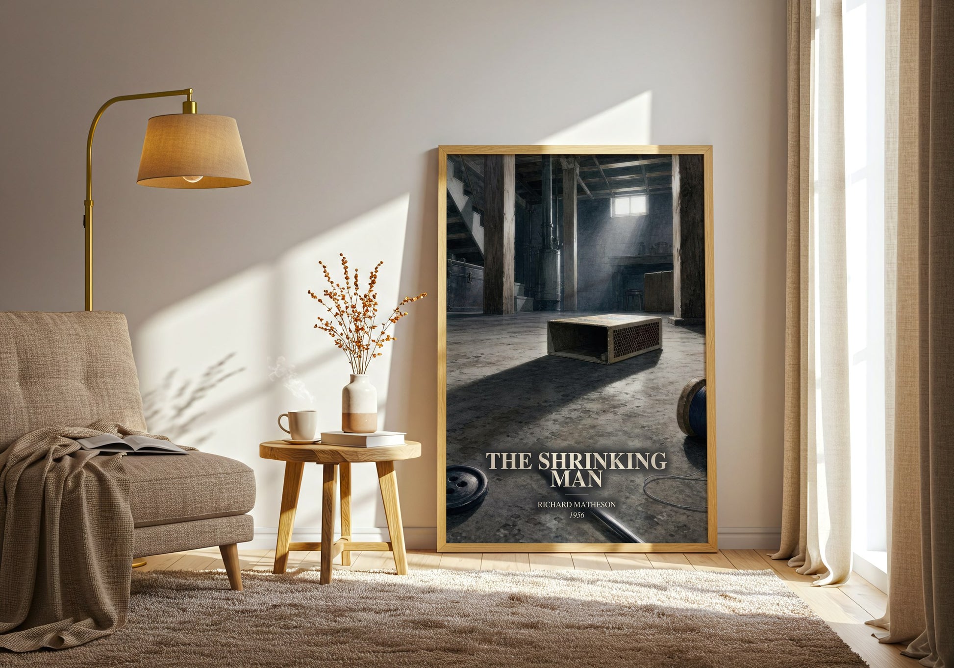 The Shrinking Man watercolour print in frame leaning in hallway – sci fi wall art