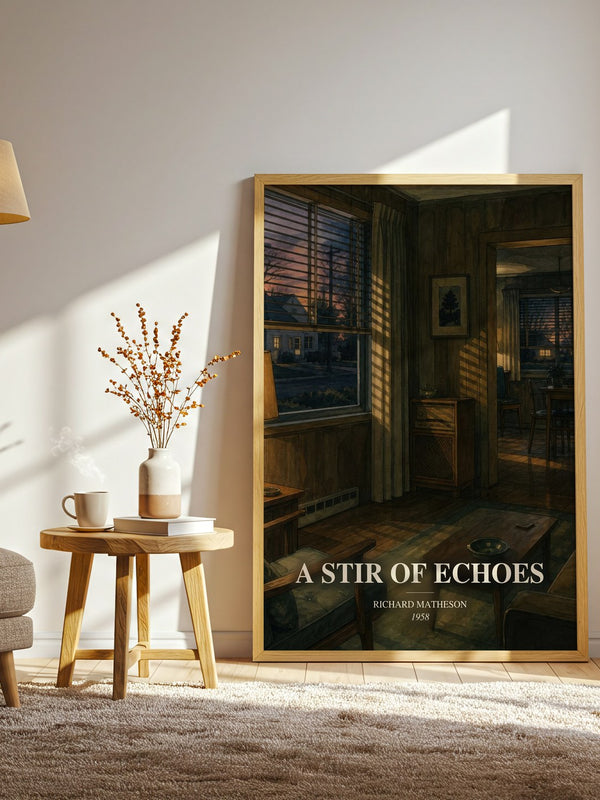 A Stir Of Echoes watercolour print in frame leaning in hallway – horror wall art