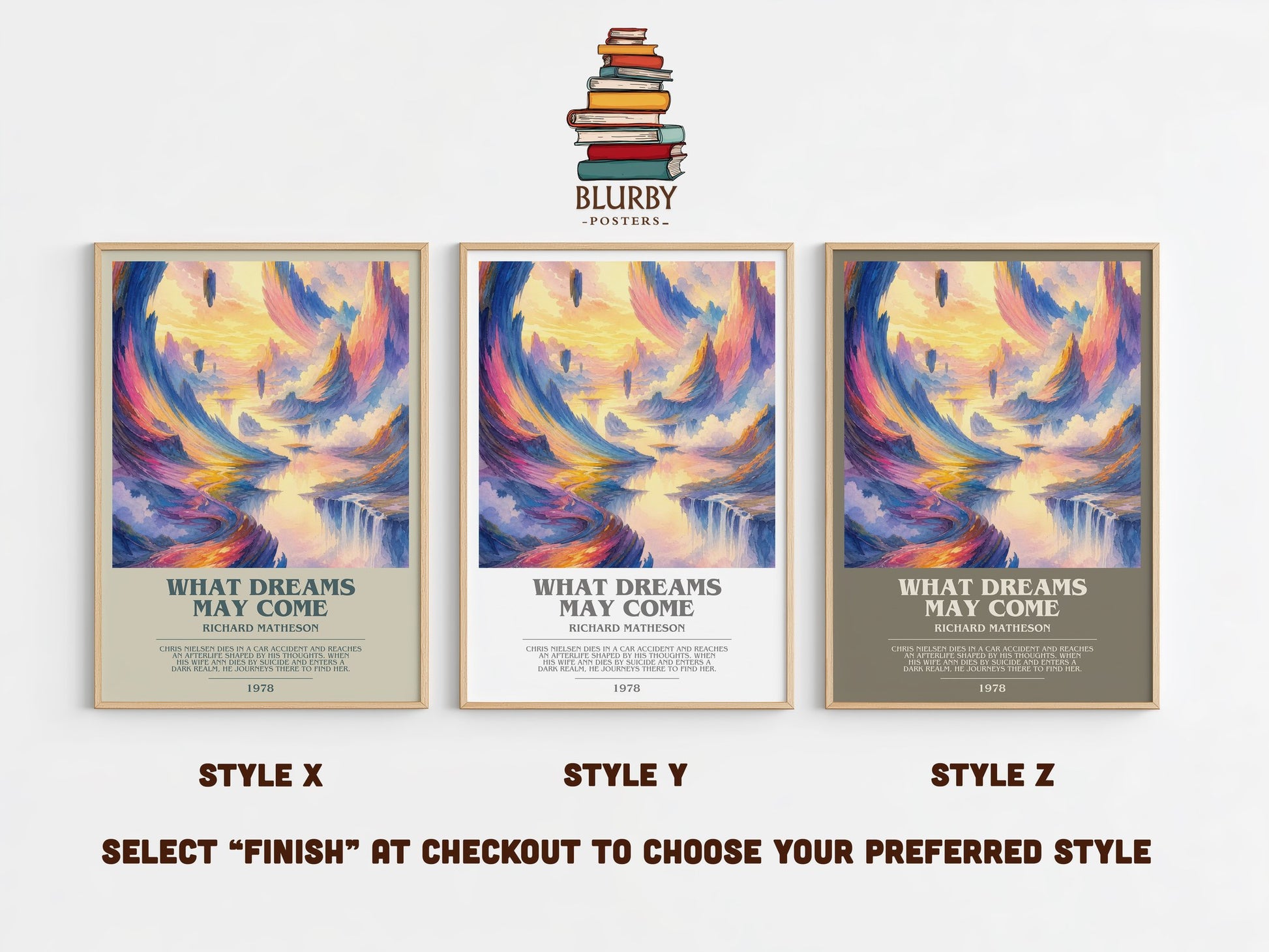 What Dreams May Come bookish print in frame leaning in hallway – literary fiction wall art
