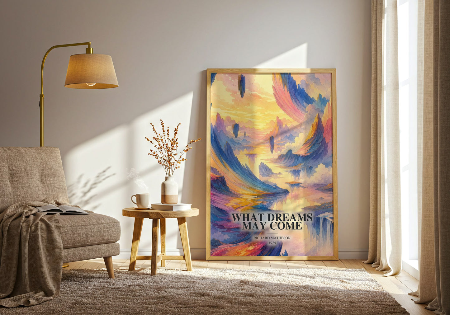 What Dreams May Come watercolour print in frame leaning in hallway – literary fiction wall art