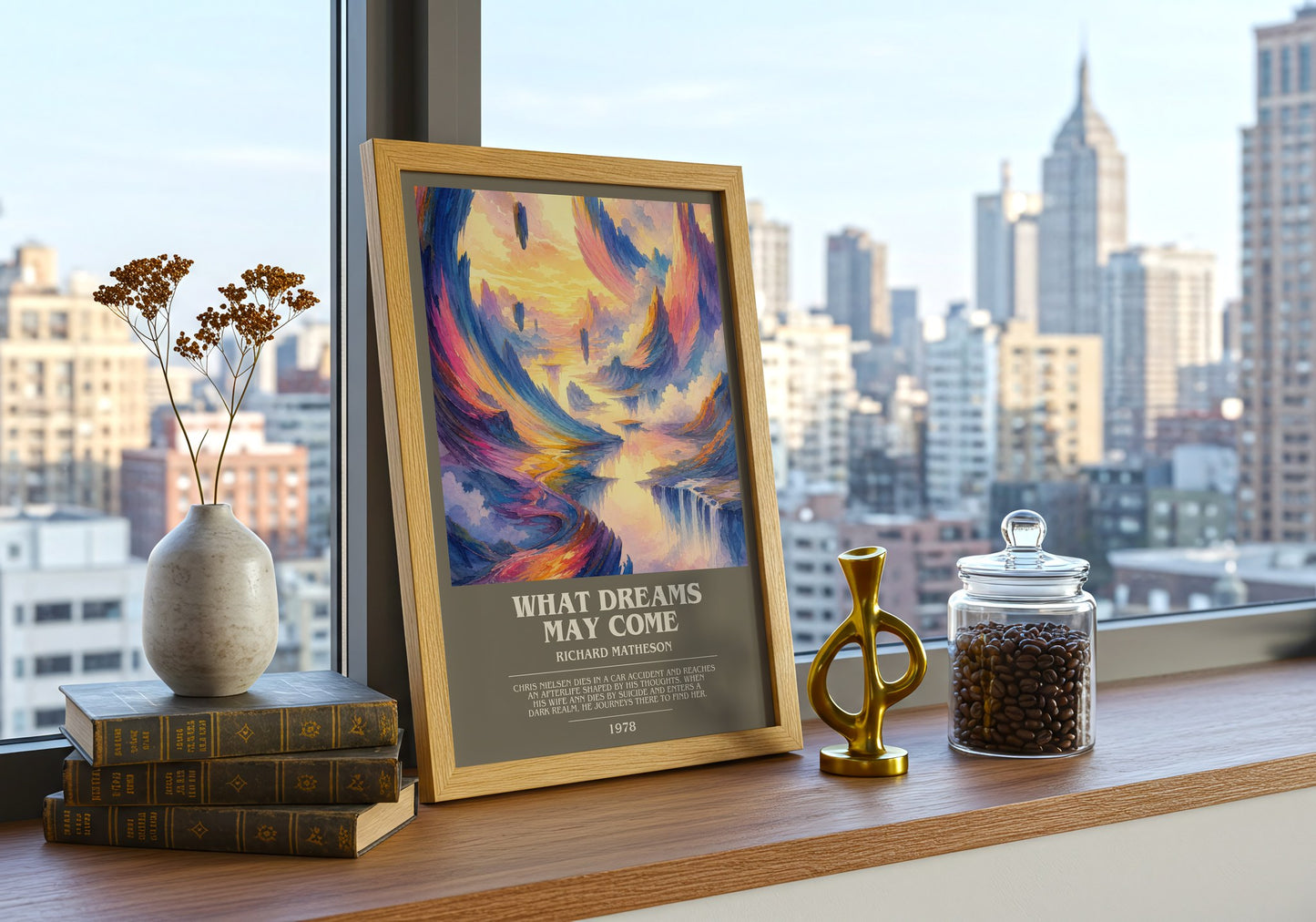 What Dreams May Come bookish print framed by window – literary home decor