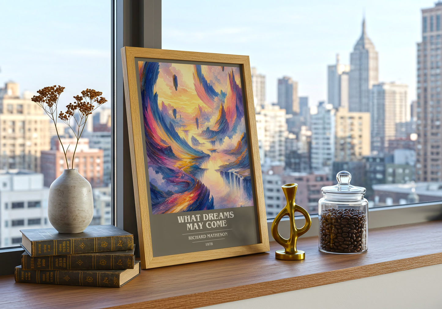 What Dreams May Come book cover print framed by window – literary home decor
