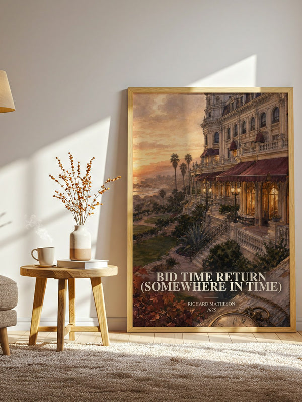 Bid Time Return (Somewhere In Time) watercolour print in frame leaning in hallway – romance wall art