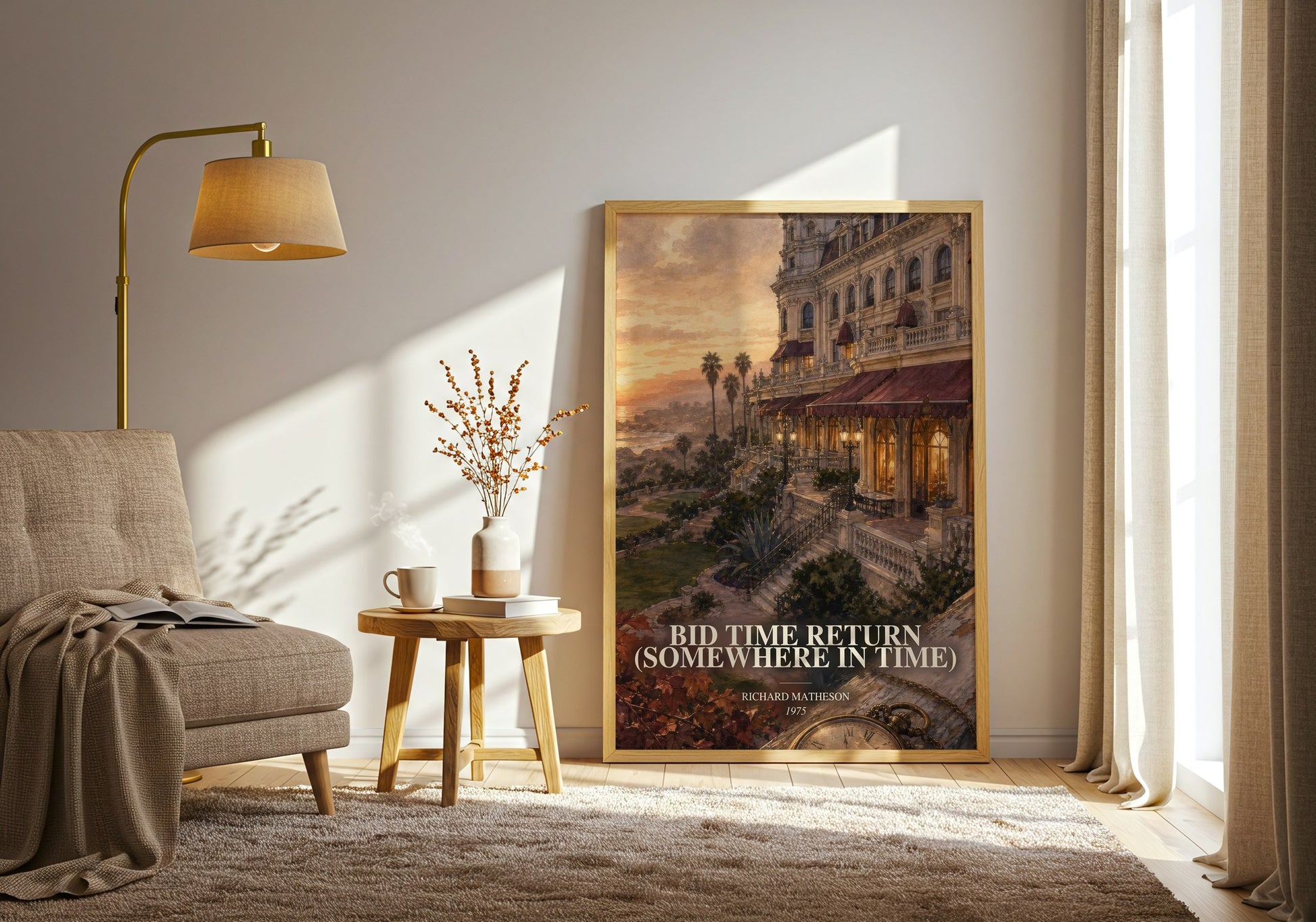 Bid Time Return (Somewhere In Time) watercolour print in frame leaning in hallway – romance wall art