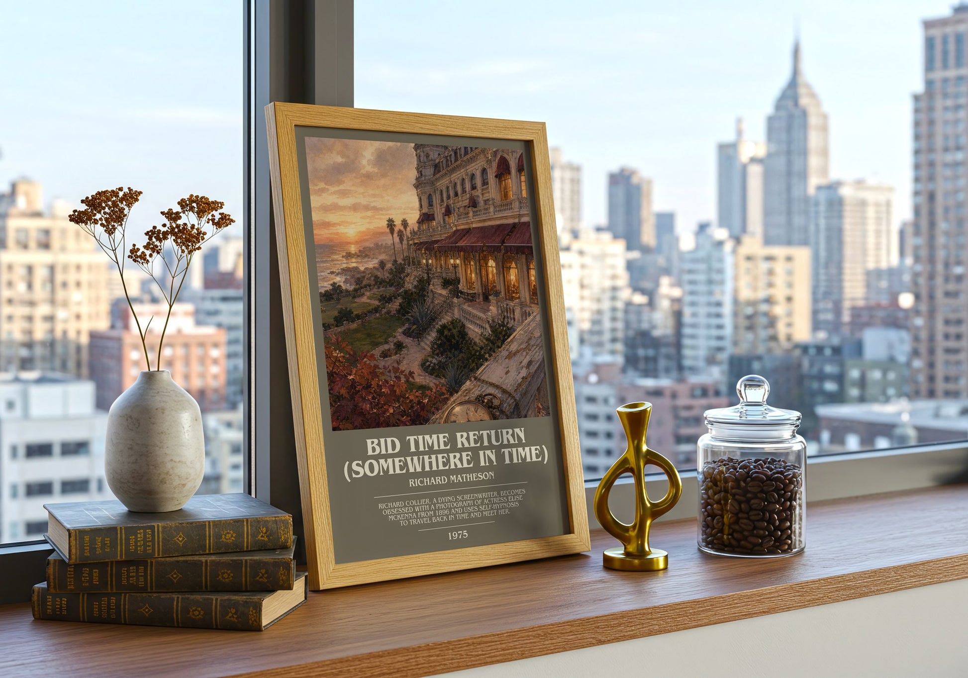 Bid Time Return (Somewhere In Time) bookish print framed by window – literary home decor