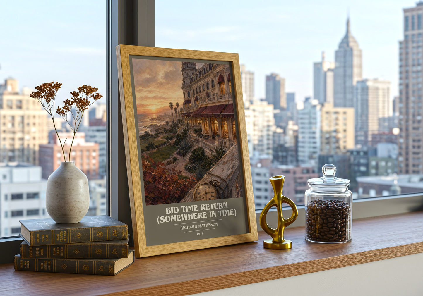 Bid Time Return (Somewhere In Time) book cover print framed by window – literary home decor