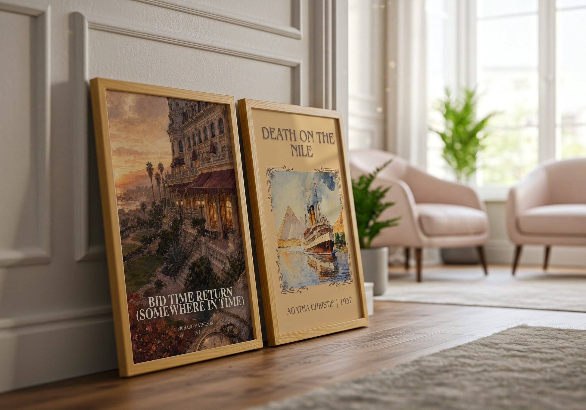 Bid Time Return (Somewhere In Time) watercolour print framed by window – literary home decor