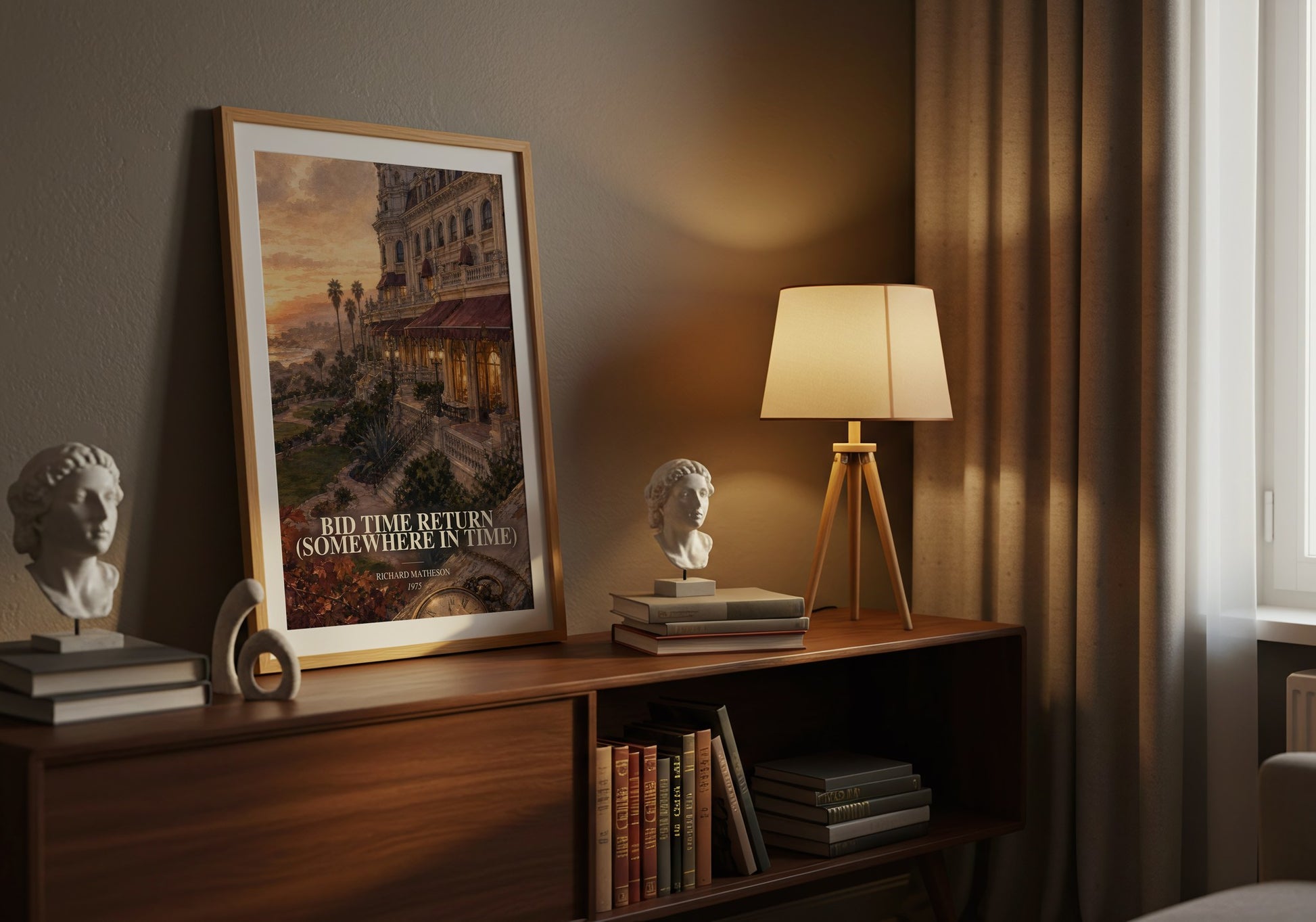 Bid Time Return (Somewhere In Time) watercolour print on bookshelf – Richard Matheson fan gift