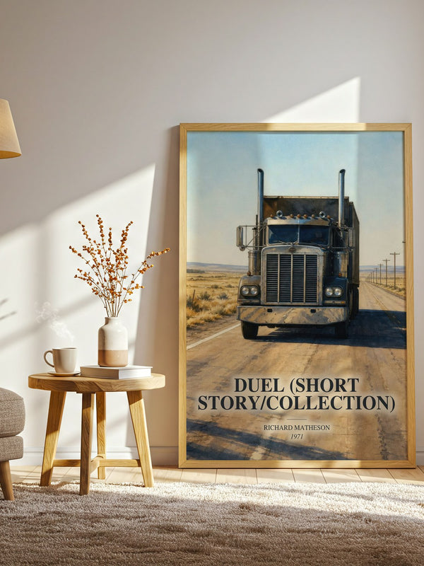 Duel (Short Story/Collection) watercolour print in frame leaning in hallway – thriller wall art