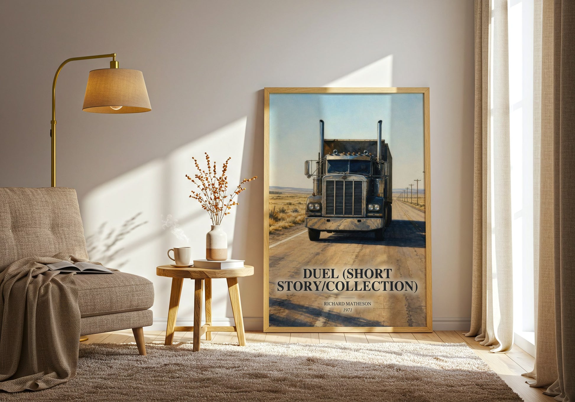 Duel (Short Story/Collection) watercolour print in frame leaning in hallway – thriller wall art