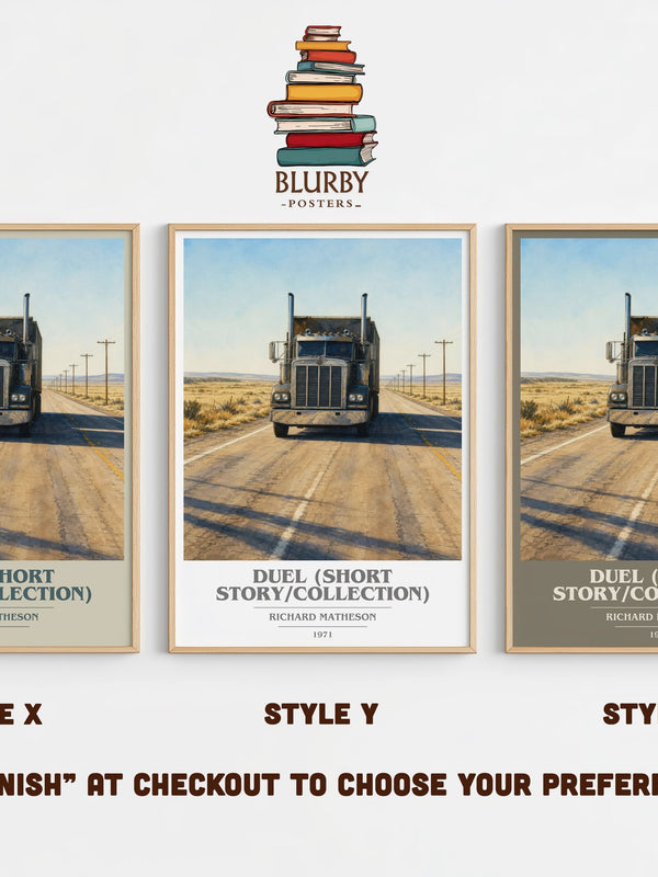 Duel (Short Story/Collection) book cover print in frame leaning in hallway – thriller wall art