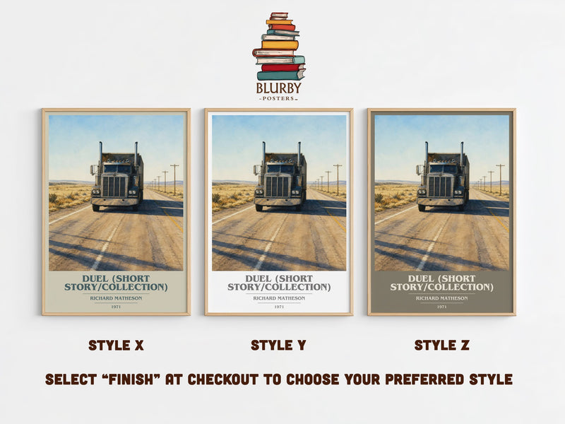 Duel (Short Story/Collection) book cover print in frame leaning in hallway – thriller wall art