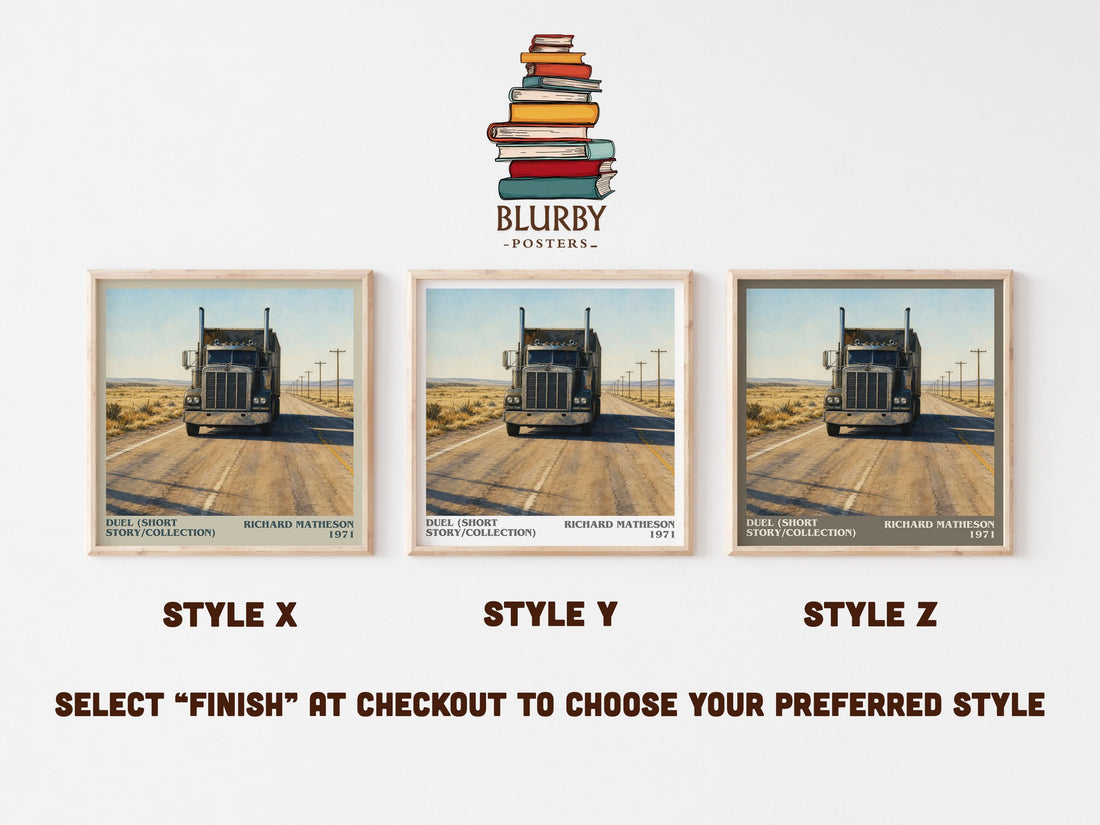 Duel (Short Story/Collection) literary print in frame leaning in hallway – thriller wall art (mockup)
