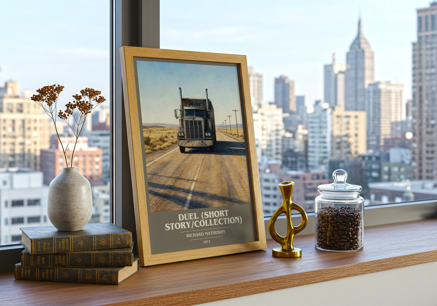 Duel (Short Story/Collection) book cover print framed by window – literary home decor