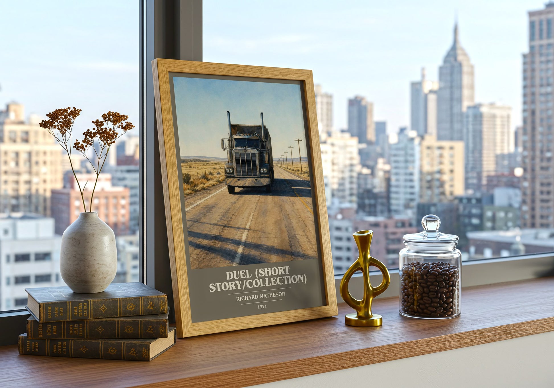 Duel (Short Story/Collection) book cover print framed by window – literary home decor