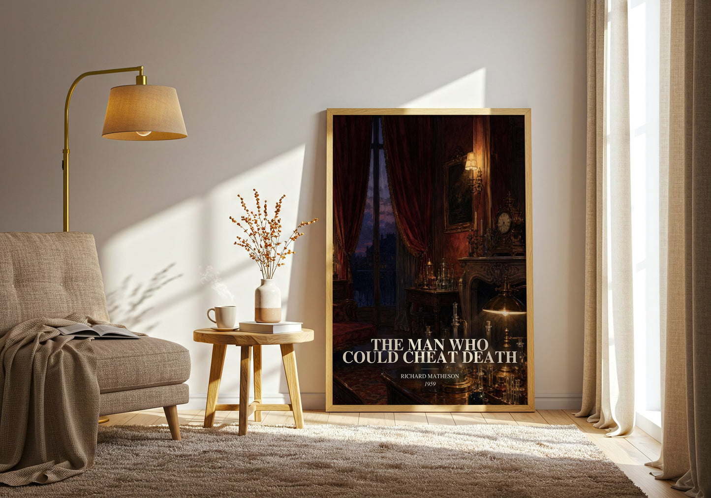 The Man Who Could Cheat Death watercolour print in frame leaning in hallway – horror wall art