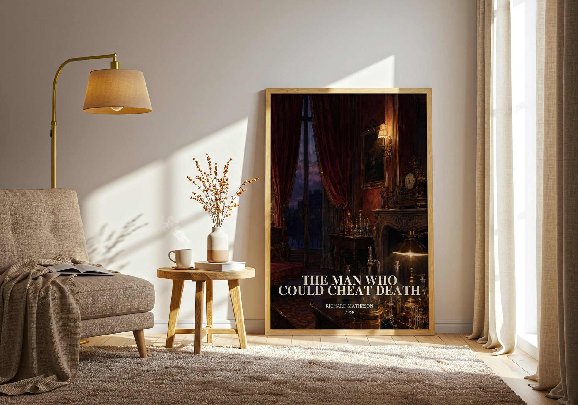 The Man Who Could Cheat Death watercolour print in frame leaning in hallway – horror wall art