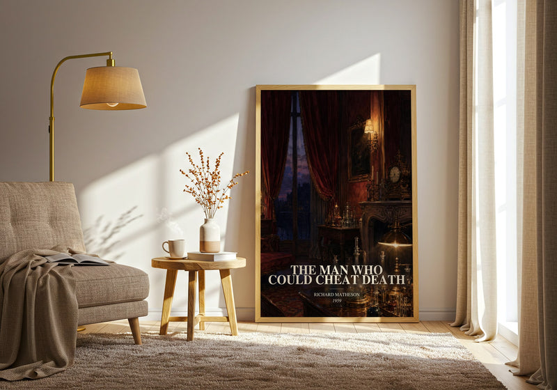 The Man Who Could Cheat Death watercolour print in frame leaning in hallway – horror wall art
