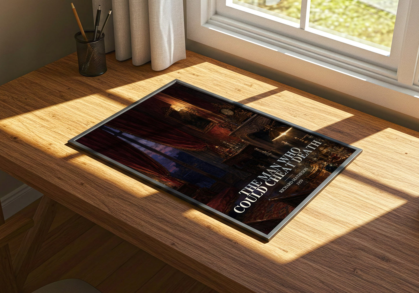 The Man Who Could Cheat Death watercolour book poster framed on wall – horror wall art
