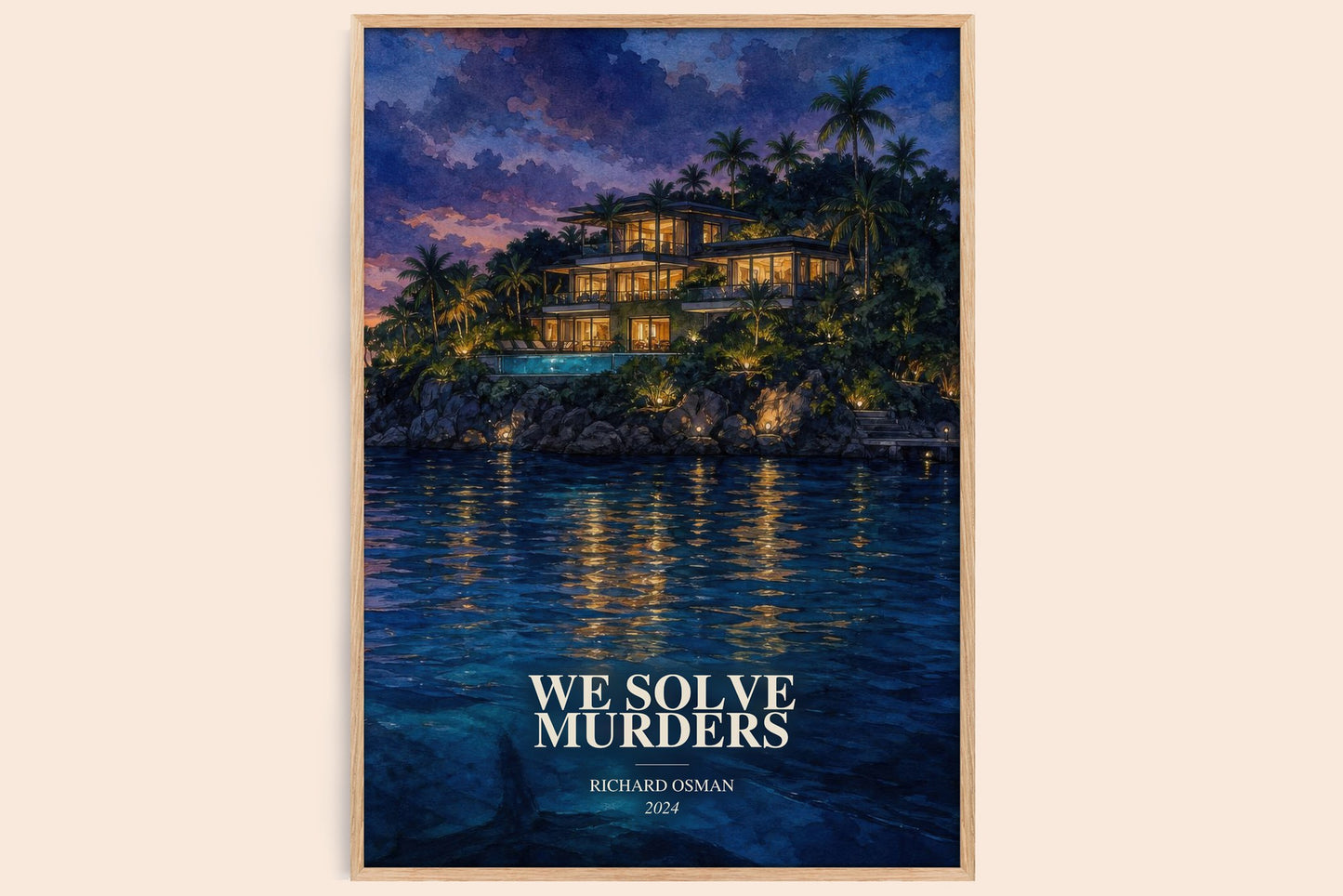 We Solve Murders watercolour book poster by Richard Osman – framed literary art print