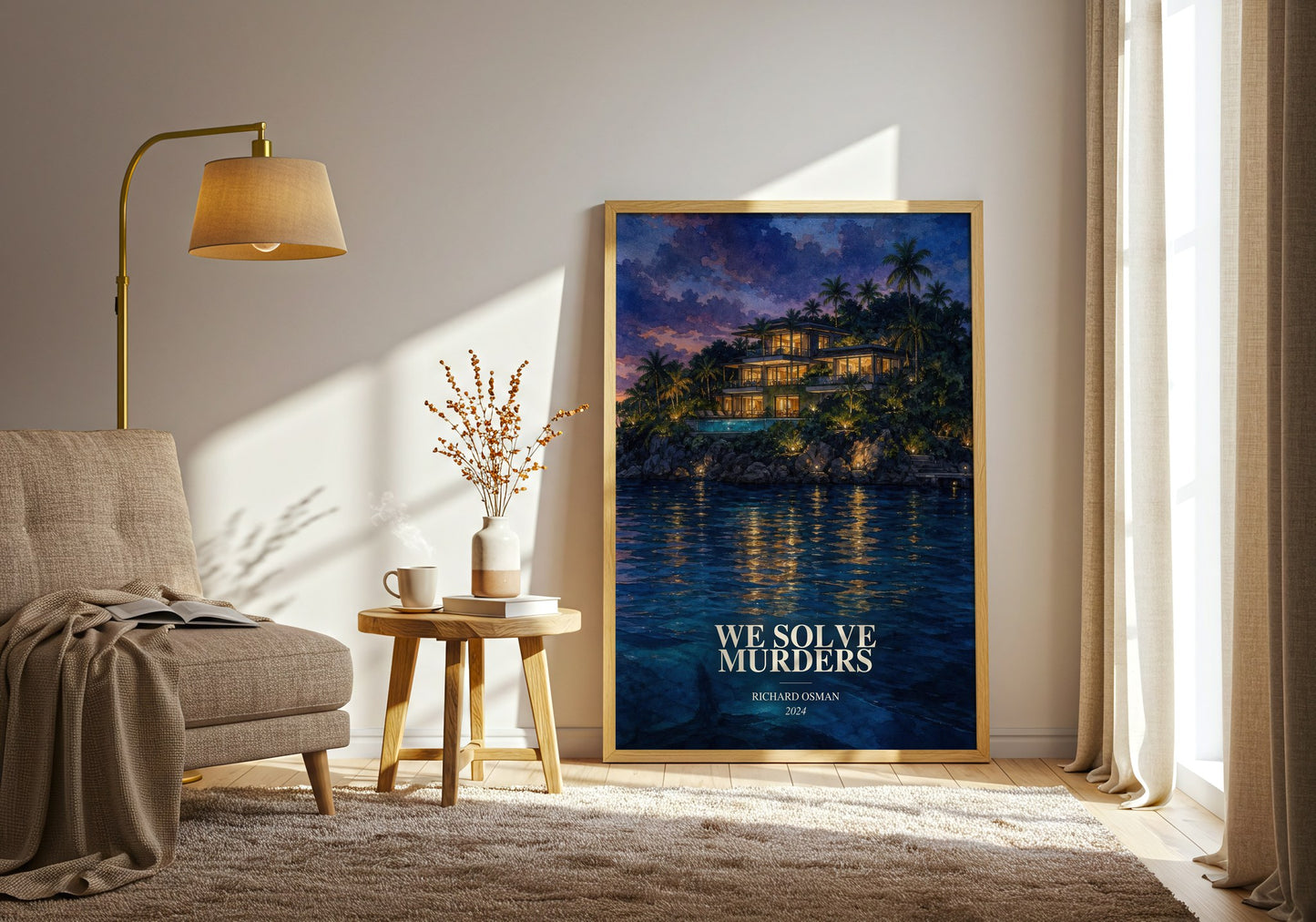 We Solve Murders watercolour print in frame leaning in hallway – mystery wall art