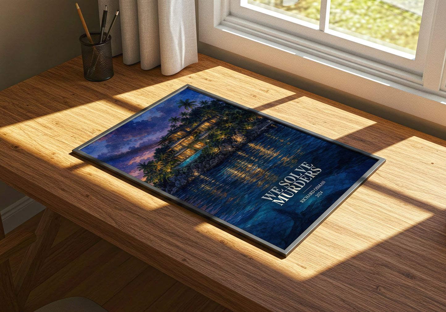 We Solve Murders watercolour book poster framed on wall – mystery wall art