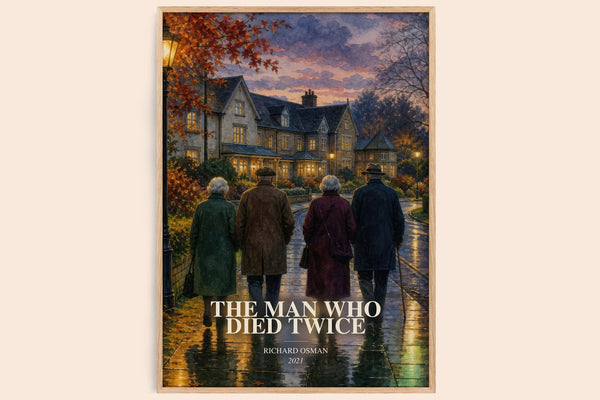 The Man Who Died Twice watercolour book poster by Richard Osman – framed literary art print