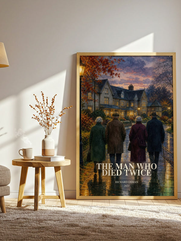 The Man Who Died Twice watercolour print in frame leaning in hallway – mystery wall art