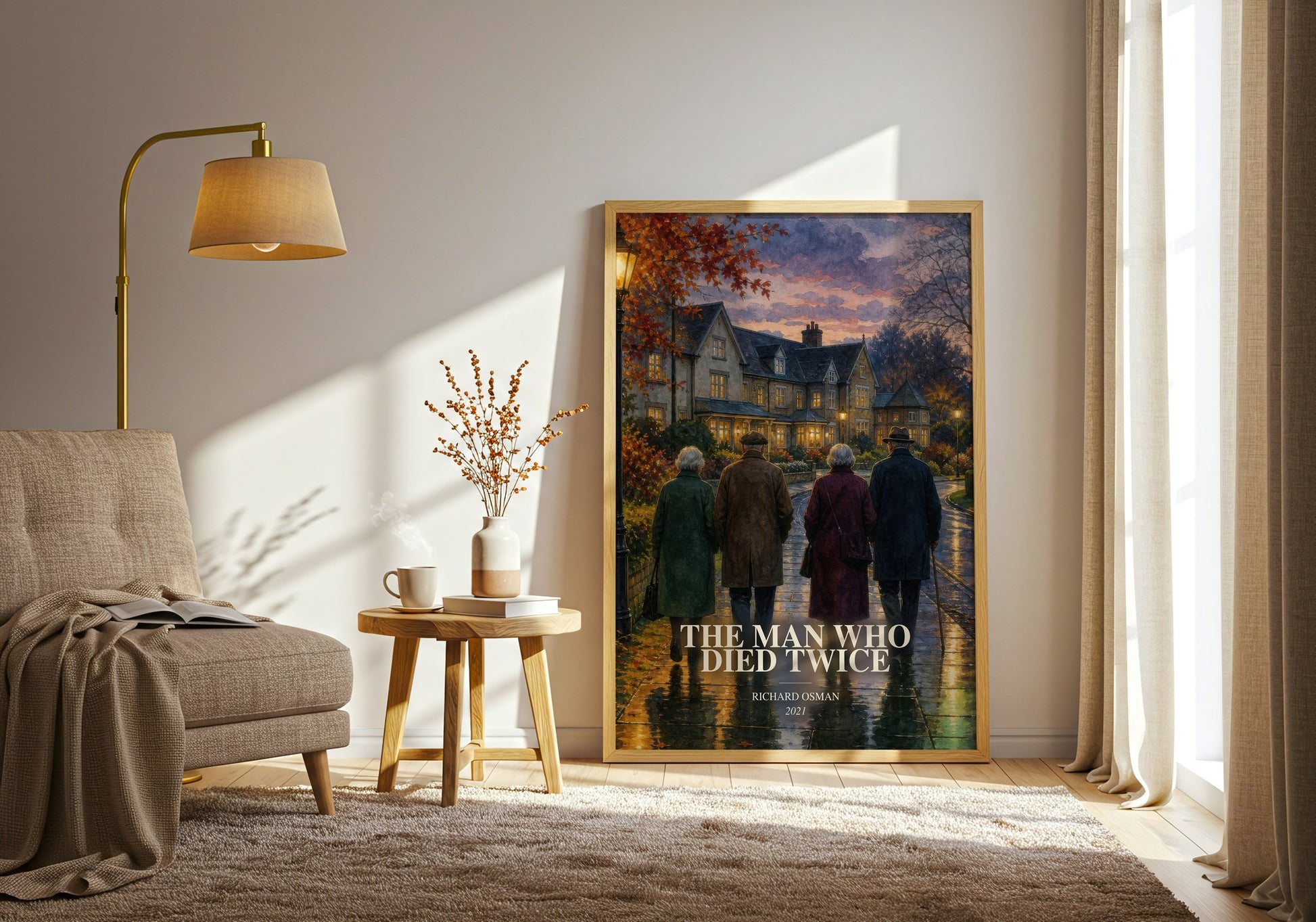 The Man Who Died Twice watercolour print in frame leaning in hallway – mystery wall art