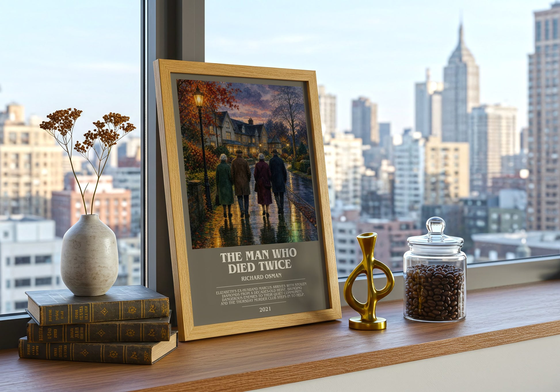 The Man Who Died Twice bookish print framed by window – literary home decor