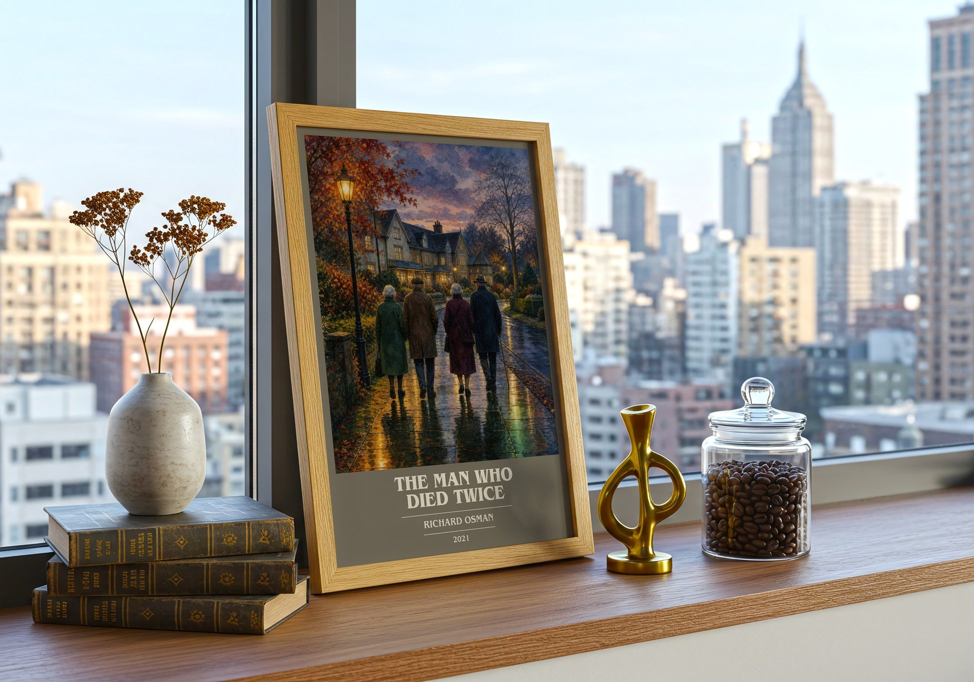 The Man Who Died Twice book cover print framed by window – literary home decor