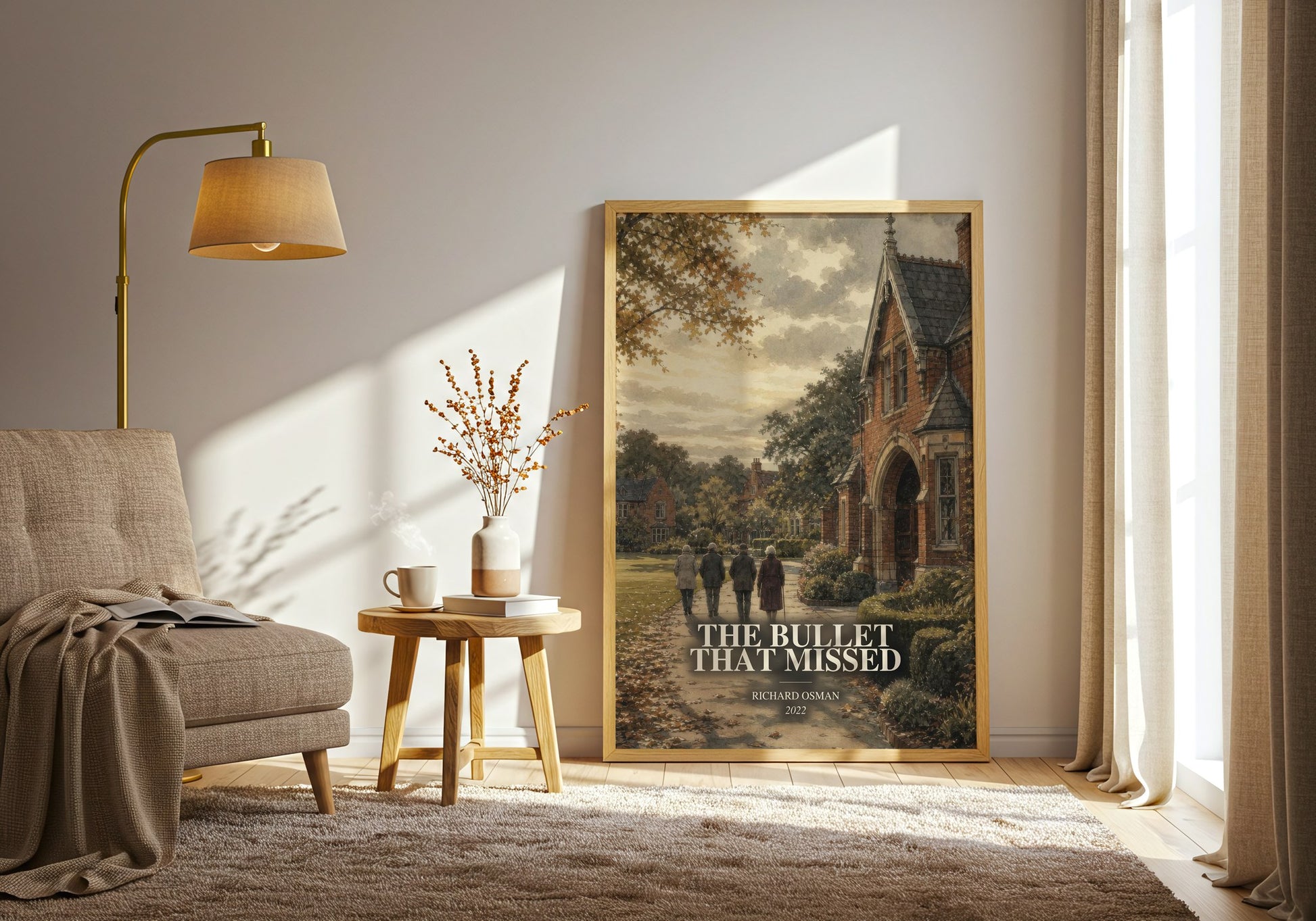 The Bullet That Missed watercolour print in frame leaning in hallway – mystery wall art