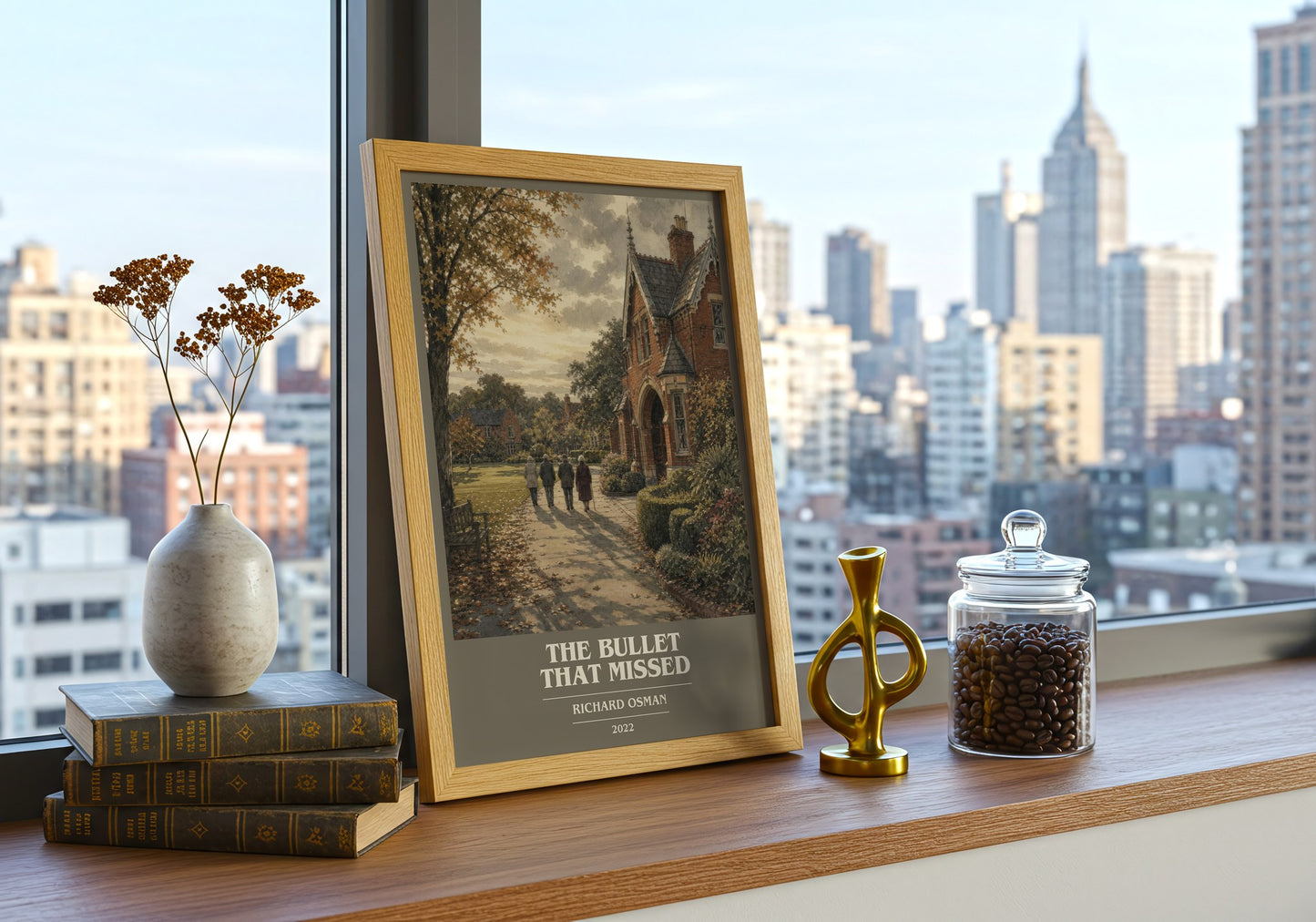 The Bullet That Missed book cover print framed by window – literary home decor